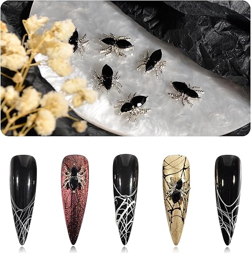 Miniatura 7 de Dijes negros de Halloween para uñas acrílicas, 20 piezas de araña 3D con diamantes de imitación, gemas de arte de uñas de metal punk, dijes de