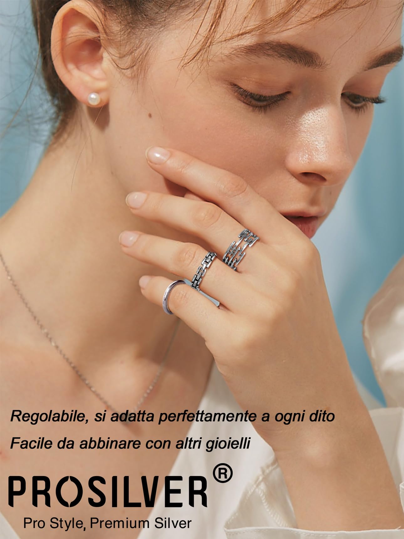 PROSILVER Anello Regolabile Donna Argento 925 Confezione Regalo Anelli Aperto Forma Luna e Stella/Foglia/Celtica/Semplice/Vintage