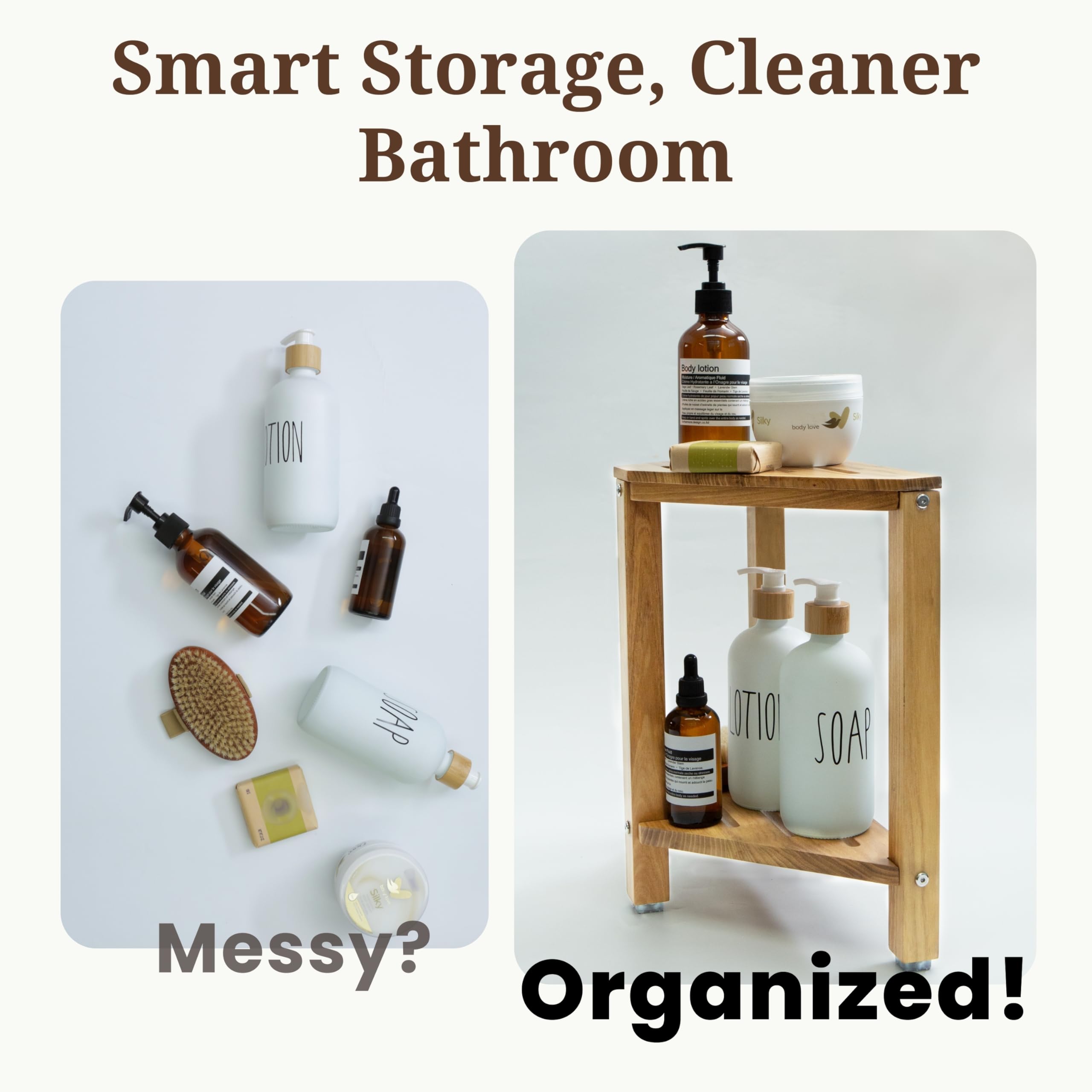 PERFNIQUE Sgabello da doccia in teak, sgabello da doccia da 35 cm, per gambe da barba, poggiapiedi per doccia interna, sgabello organizer in teak, piccola panca angolare impermeabile per bagno e