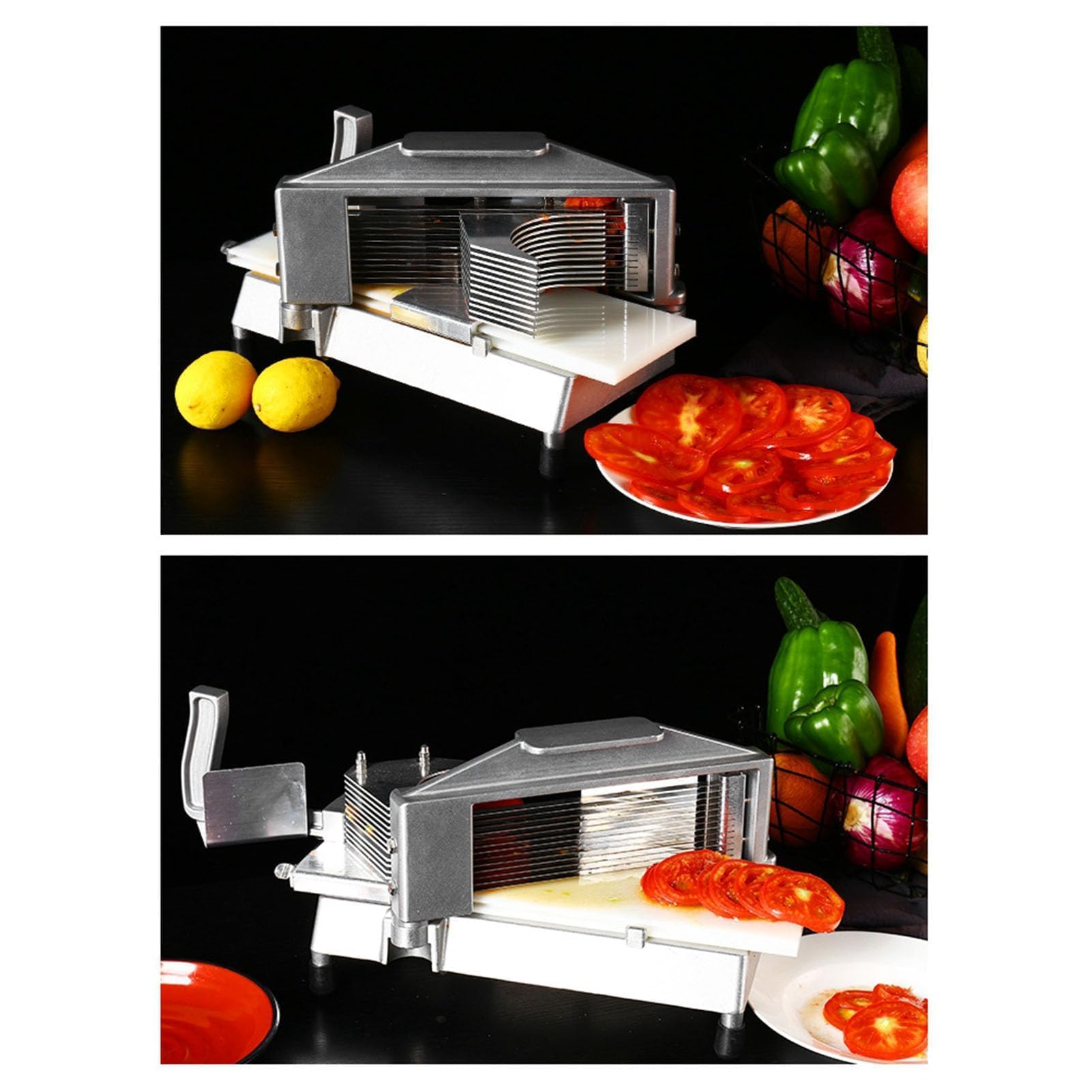 Tomatenschneider, robuster manueller Gemüseschneider mit Edelstahlklingen, ergonomischem Griff und rutschfesten Füßen für Restaurant, Delikatessen & Zuhause, 9 mm Schnitt