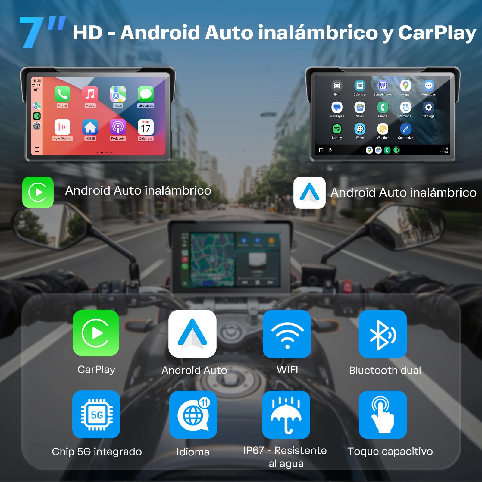 WonVon 7 Pulgadas CarPlay para Motocicleta Sistema de Navegación GPS con Apple CarPlay y Android Auto Pantalla Portátil con Doble Bluetooth, Navegación, Siri, Asistente de Google Soporte magnética