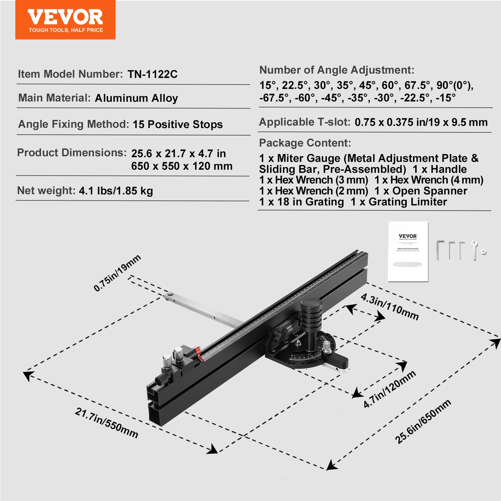 VEVOR Calibre de Inglete de Precisión, Ranura Estándar 19 x 10 mm, Calibre de Inglete para Sierra de Mesa de Aleación de Aluminio con Rejilla, 15 Topes de Ángulo, Émbolo con Resorte 450 x 650 x 120 mm