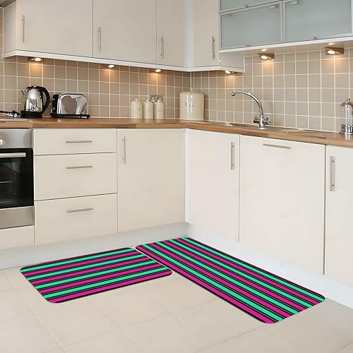 Miniatura 2 de Antifatigue Kitchen Mats for Floor 2 Piece - Retro Color Line Print Kitchen Rugs Non Slip Washable, Runner Rug Standing Mat for