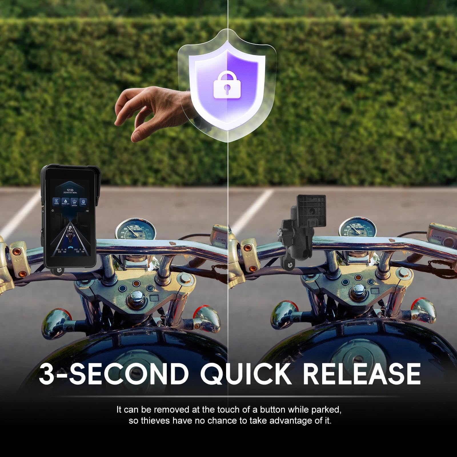 Pantalla CarPlay para Moto, Apple CarPlay y Android Auto Inalámbricos, Pantalla HD de 5" para Motocicleta, Impermeable IP68 con Bluetooth, Compatible con TPMS, Soporte Antirrobo Desmontable