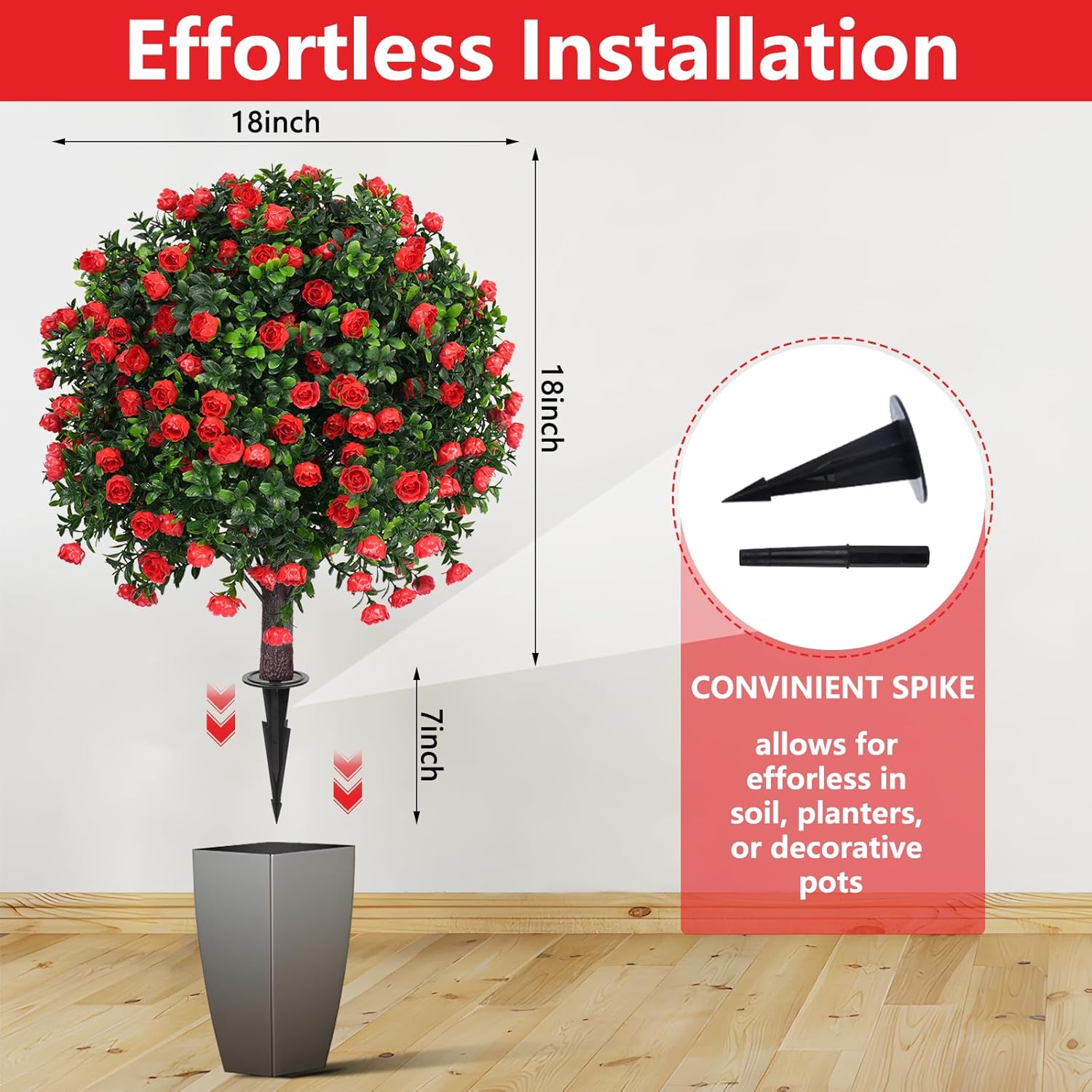 Artificial Rose Topiary Ball Trees with Ground Spike, 2 Pack 16 Inches UV Resistant Artificial Shrubs, Fake Evergreen Artificial Plant Brush for Indoor Outdoor Front Porch Garden