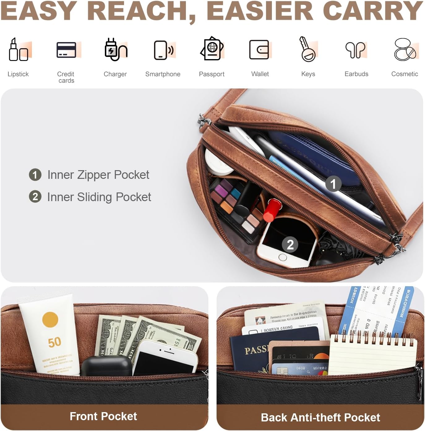 Crossbody Bags for Women, Lightweight Medium Crossbody Purse, Soft Leather Purses for Women Shoulder Handbags - Image 4