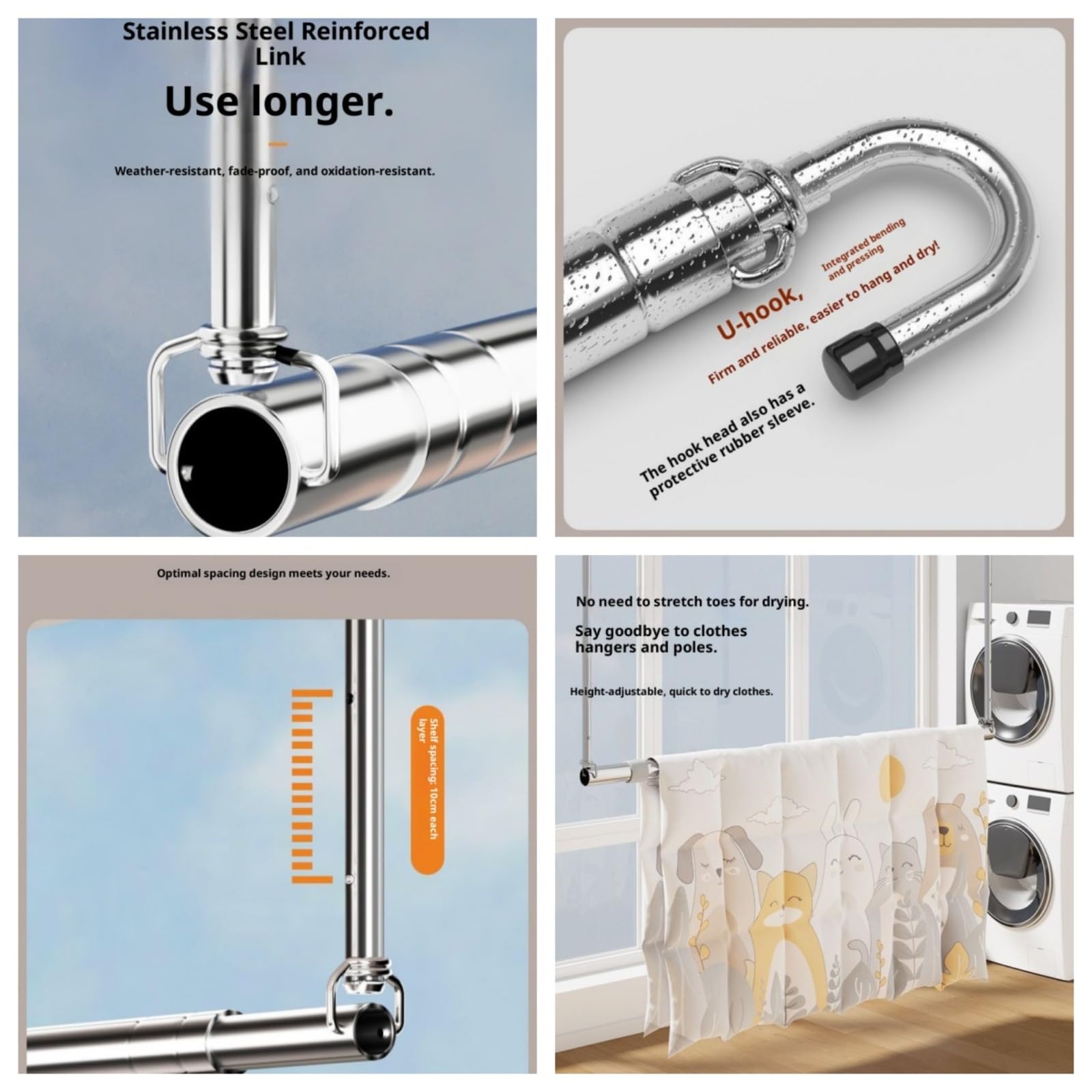 Portant à vêtements suspendu en acier inoxydable, portant à vêtements télescopique，La perche télescopique est réglable en longueur de 120 cm à 240 cm, adaptée à une utilisation intérieure/extérieure.