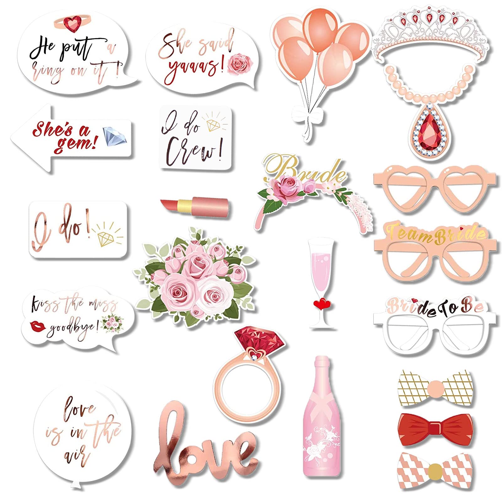 23 Foto Props de Fiesta Accesorios de Cabina, Accesorios para Selfie, Accesorios de Fotos de Boda de Oro Rosa con Tacos de Madera y Punto de Pegamento para Despedida de Soltera