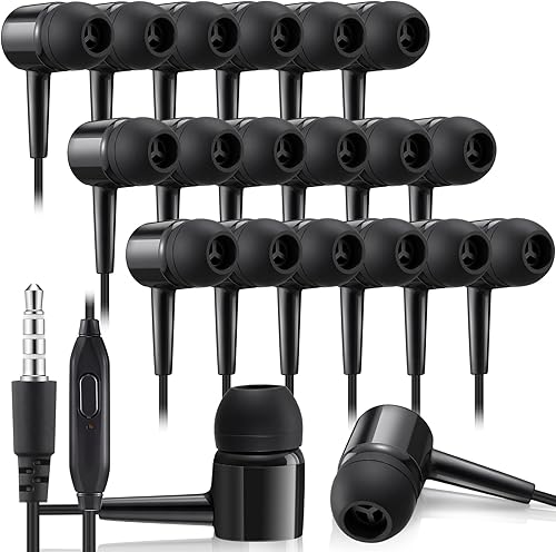 Miniatura 11 de Xinnun Paquete de 50 auriculares a granel con micrófono, auriculares para estudiantes en el oído, auriculares con cable para aula con enchufe de