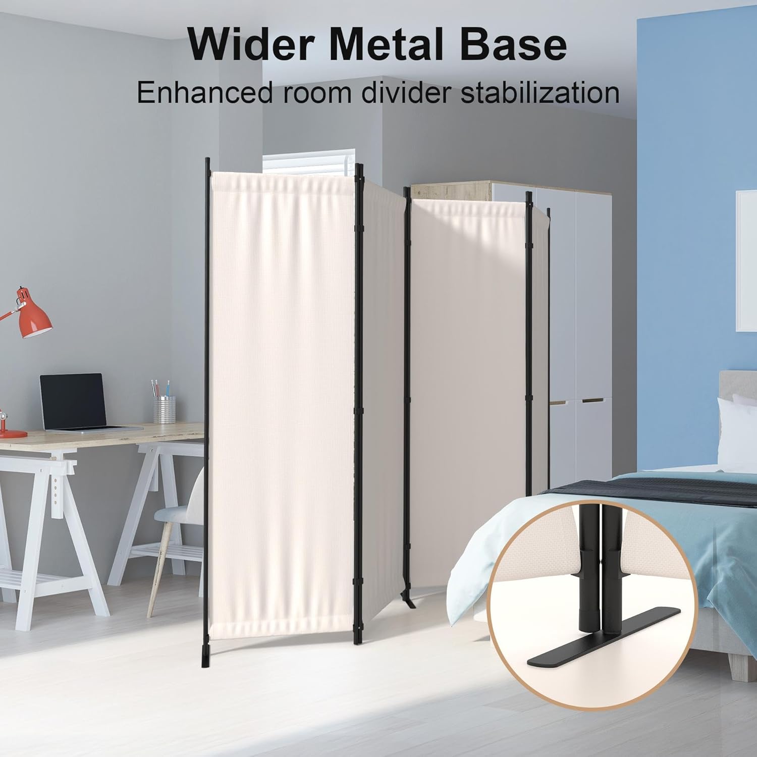 Room Divider 4 Panel Partition Room Dividers & Folding Privacy Screens w/ 3 Metal Feet,88" W Portable Wall Doubles as a Dressing Screen Wall Divider for Office Bedroom Children's Room,White