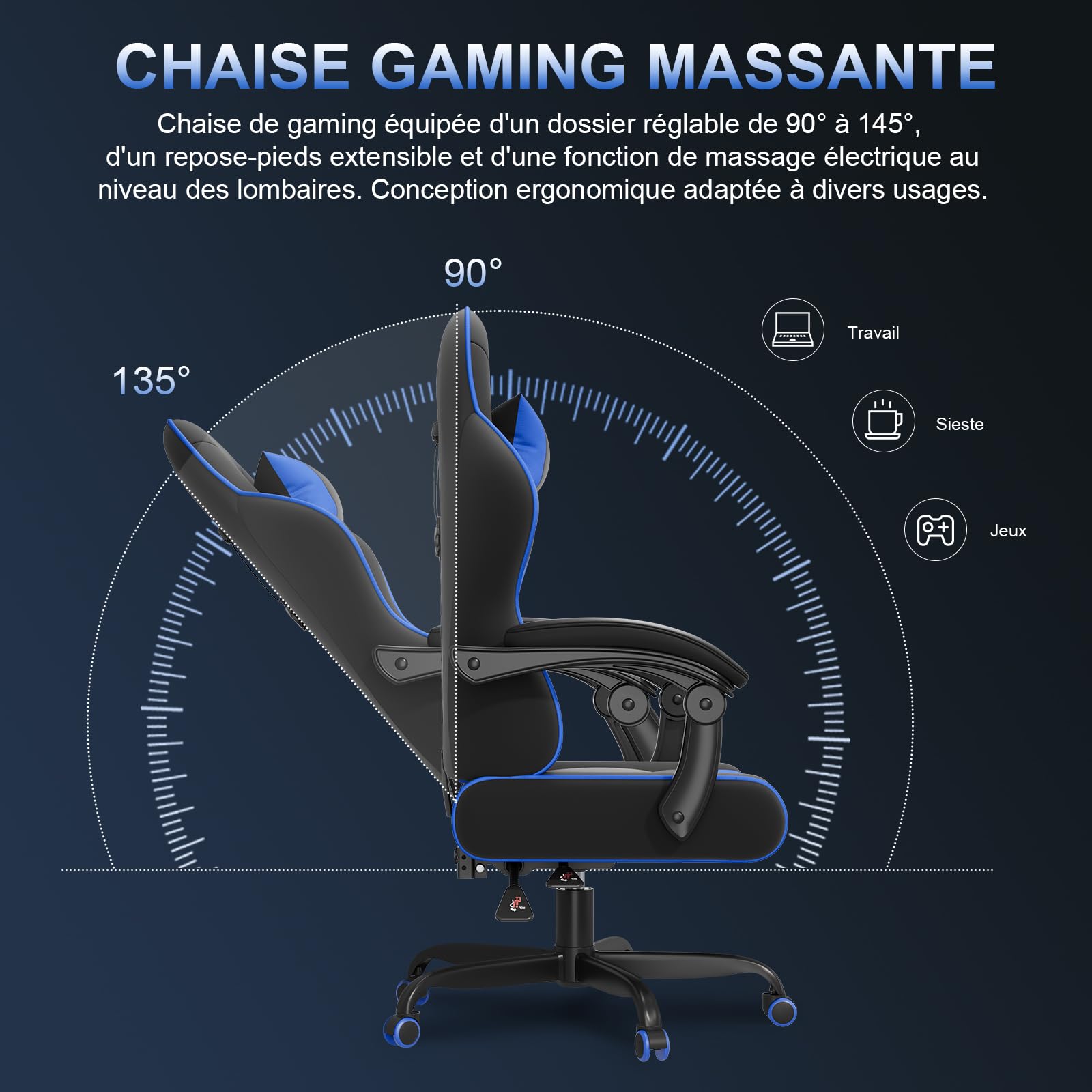 JUMMICO Chaise Gaming avec Massage Lombaire, Chaise Bureau Ergonomique avec Dossier Inclinable, Fauteuil Gaming avec Assise Douce et Résistante, Idéale pour Jeux et Boulot, Bleu