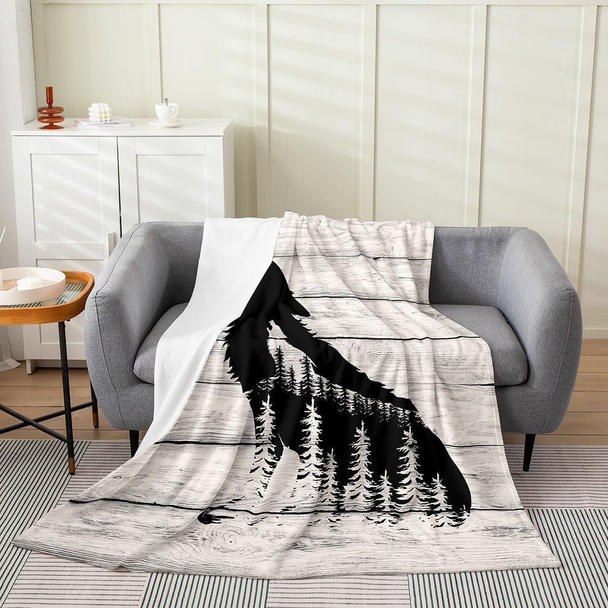 Feelyou Wolf All Season,Bed Blanket Plush Throw Blanket, Wolf Howling Wildlife Jungle Flannel Fleece Blanket for Sofa Couch Bedroom Decor Wooden Stripes Twin 60"x80"