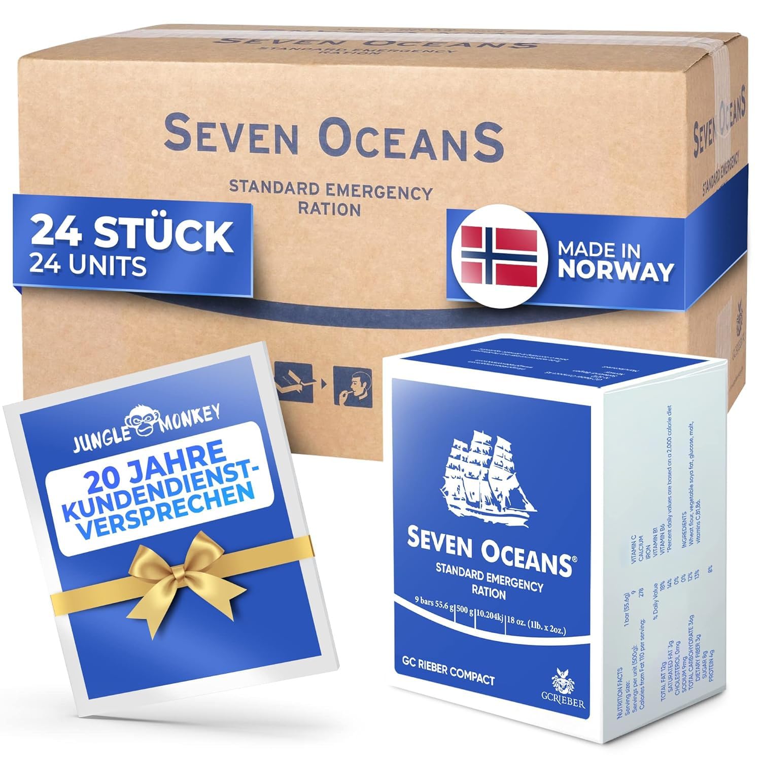 SEVEN OCEANS - Alimento di emergenza alimentare XXL [24 x 500 g] massima durata per scorte durature, per attività all'aperto, ricco di energia e calorie