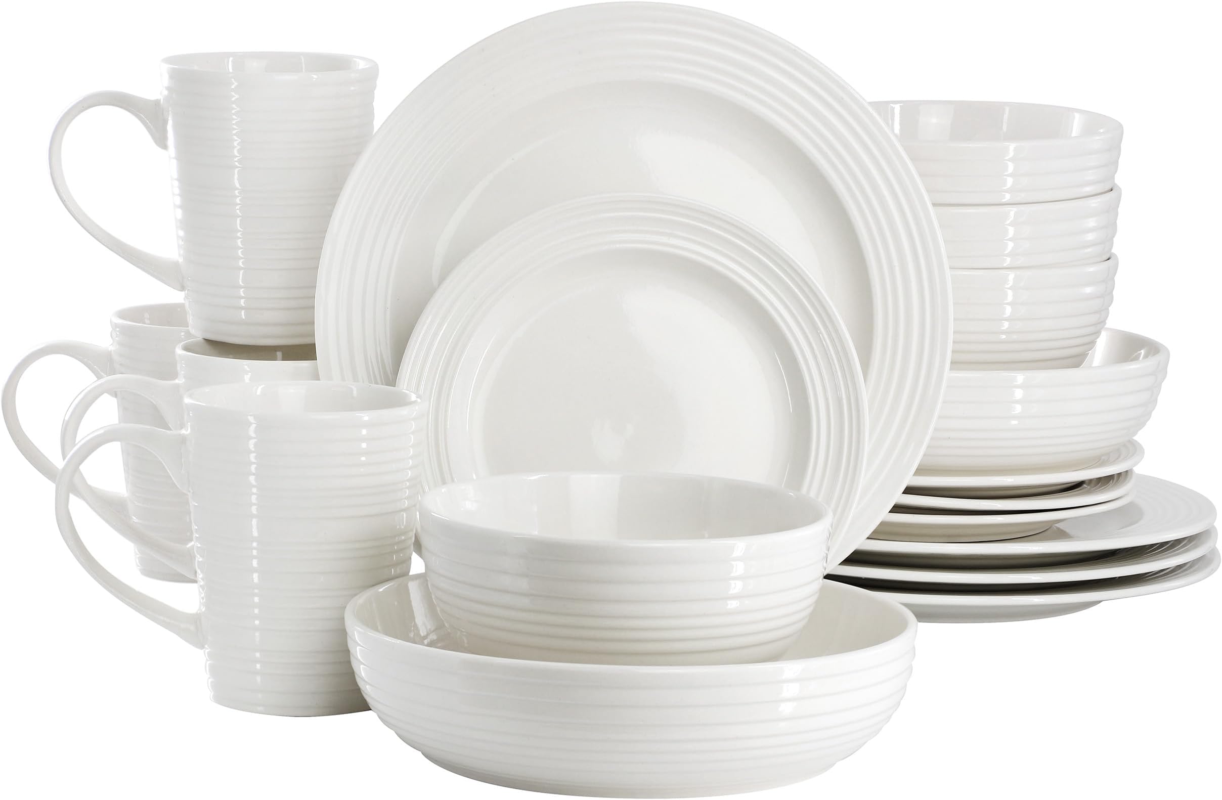 Elama Nikki 18 Piece Ribbed White Porcelain Dinnerware and Serving Bowl Set, Tableware Setting, Service for 4