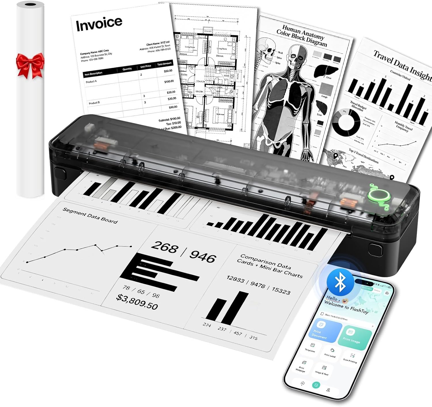 A8 Portable Thermal Printer, Wireless Bluetooth Inkless Printer for Travel, Supports 8.5" x 11" US Letter and A4 Thermal Paper, Compatible with iPhone, Android, Windows, Mac