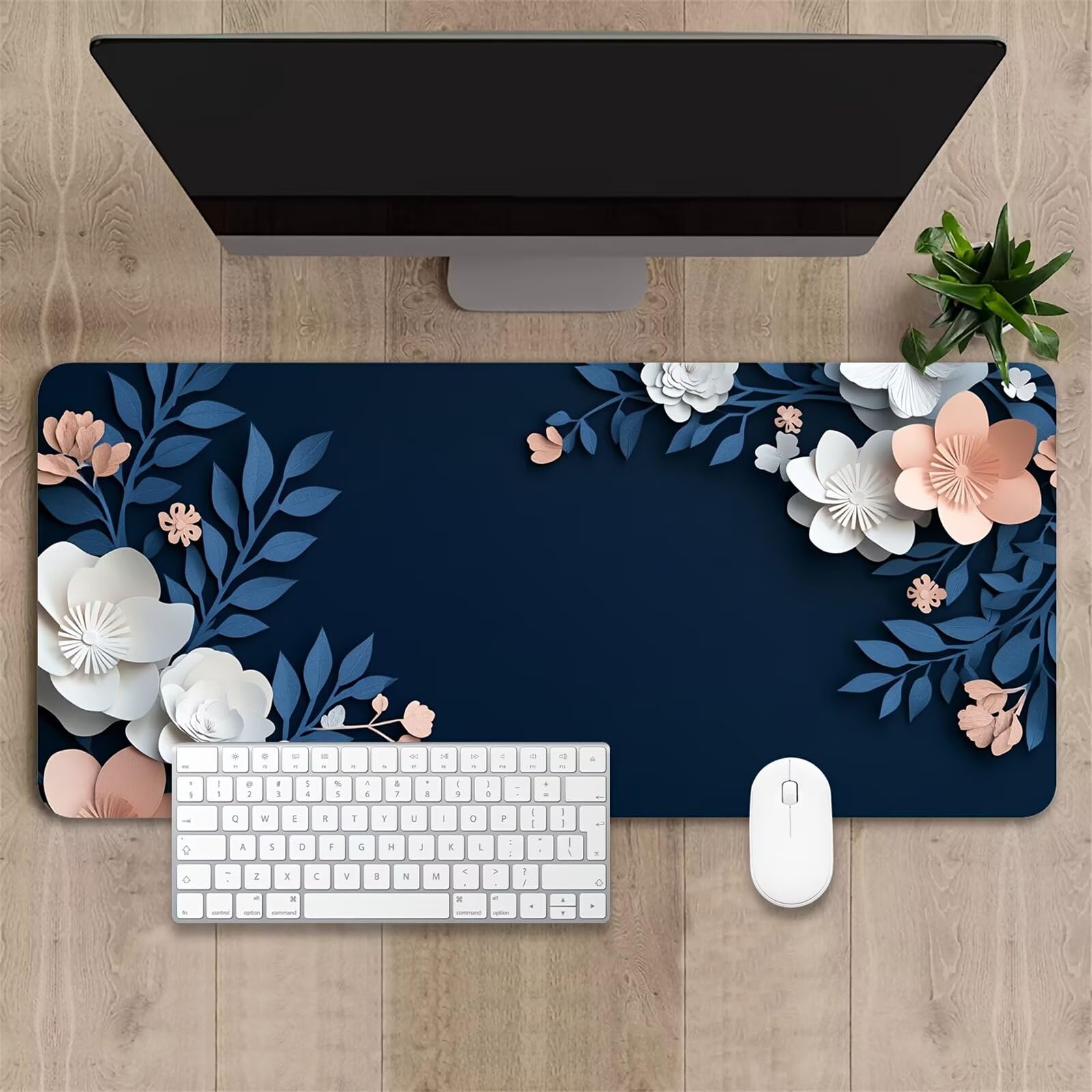 Tappetino per Mouse da Gioco XXL 1200x600x3 mm, Desk Pad Grande con Bordi Cuciti, Base in Gomma Antiscivolo, Accessorio per Ufficio e PC (Fiori Foglie)