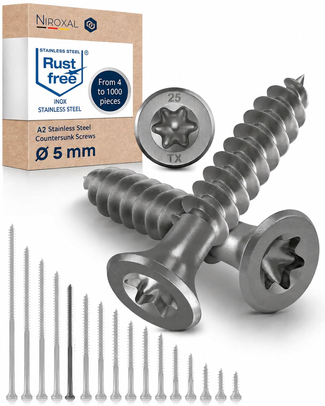 Wood Screws 5x70 mm Stainless Steel 304 Torx Countersunk Head Partial Thread Chipboard Screws Pack of 800 NietFullThings โ image 1