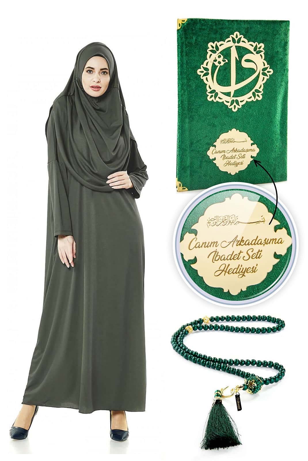 İhvan Online İsme Özel Anneler Günü Hediyesi Namaz Elbisesi Seti Haki Haki 46-52 46-52