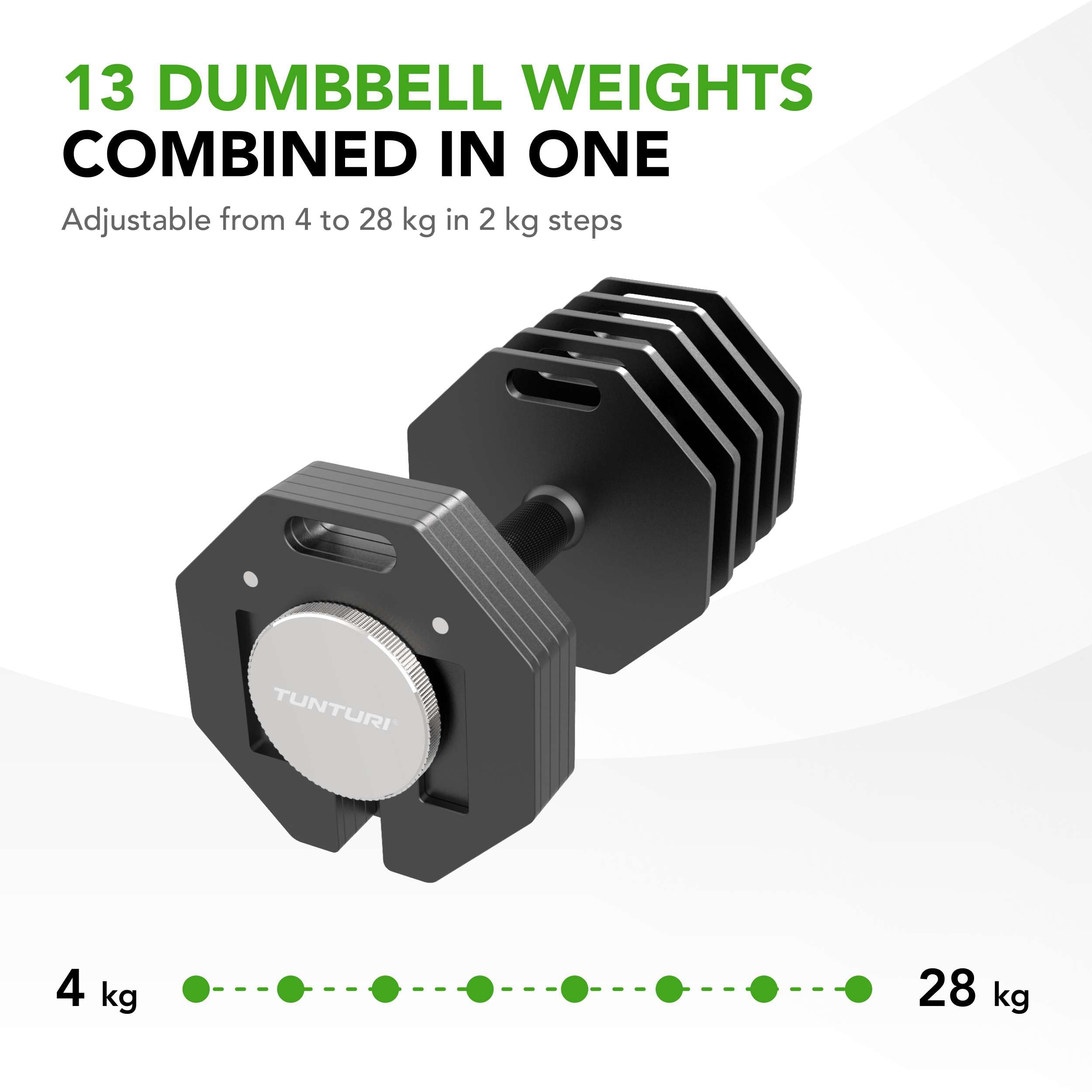 Tunturi Manubri regolabili Rapido - Set singolo - Regolabile da 4 a 28 kg - 25 pesi in uno - Set di pesi per la casa