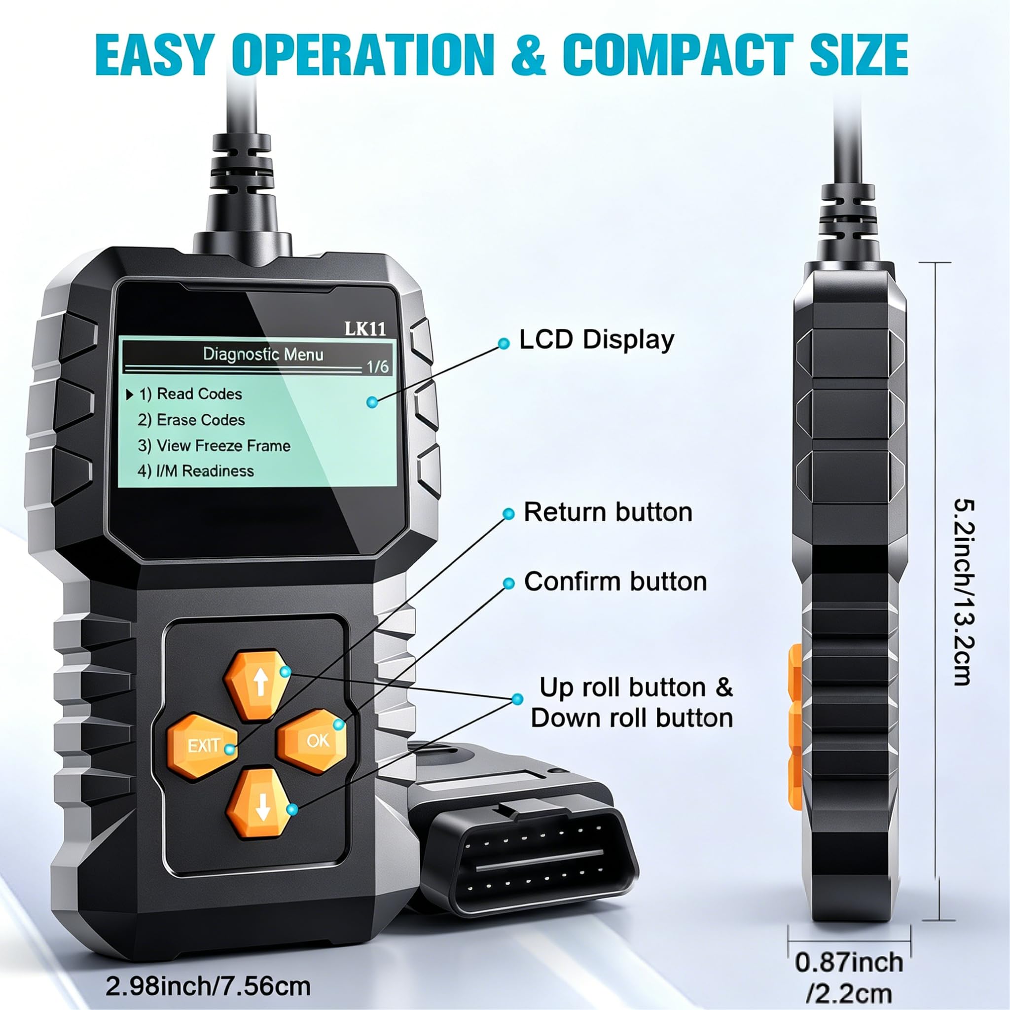 OBD2 Escáner fácil de configurar Plug-Play: código de error de restablecimiento del motor profesional lector de códigos herramientas de escaneo de diagnóstico con marco congelado/preparación I/M para