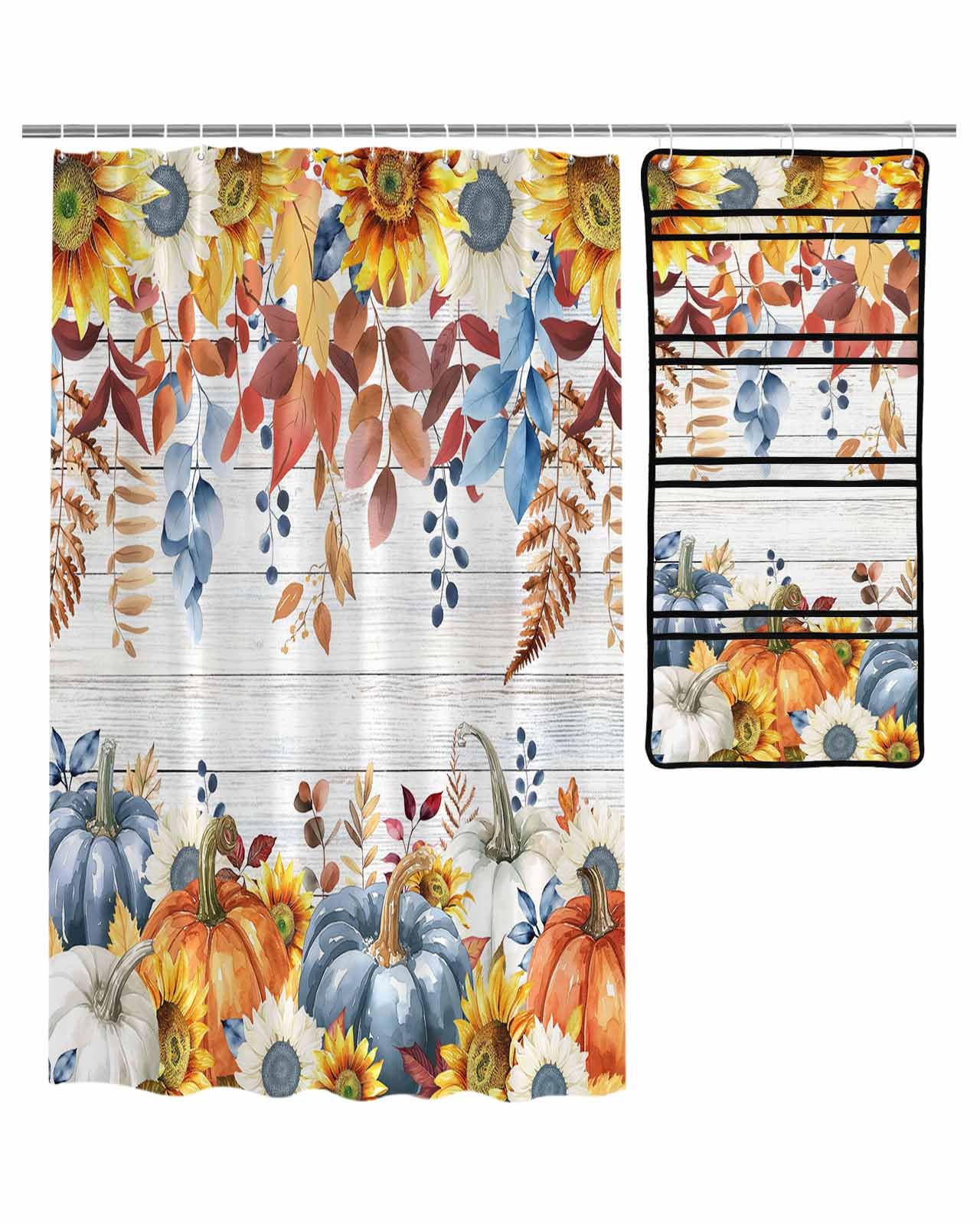 Decorative Shower Curtain Sets Thanksgiving Fabric Waterproof Shower Curtains Fall Sunflowers Pumpkin Leaf Wood Grain White Mesh Shower