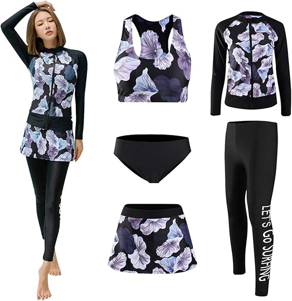 Amazon 水着セット レディース 体型カバー 5点セット タンキニ レギンス セパレーツ スイミング ラッシュガード タンクトップ 水陸両用 長袖 紫外線対策 Uvカット 大花柄 日焼け防止 吸汗速乾 ビキニ セパレーツ 通販