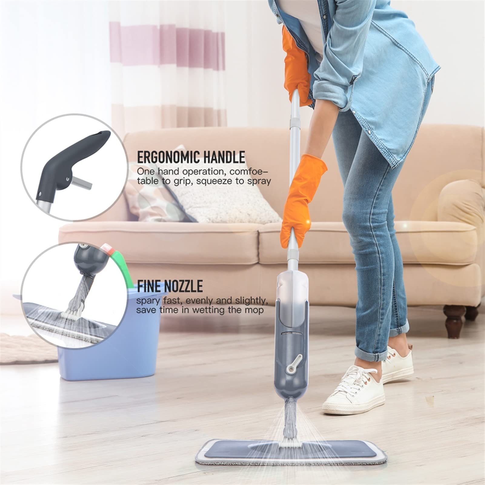 fregar Spray FRUEBA for LIMPIEZA for EL PISO CON LAS PADRES LÁFICADAS DE 3 UNIDOS MÁQUINA DE MICROFIBRAS DE DIRECTO HOJA CON 410 ml Botella recargable for el piso de la cocina del hogar Azulejos de c