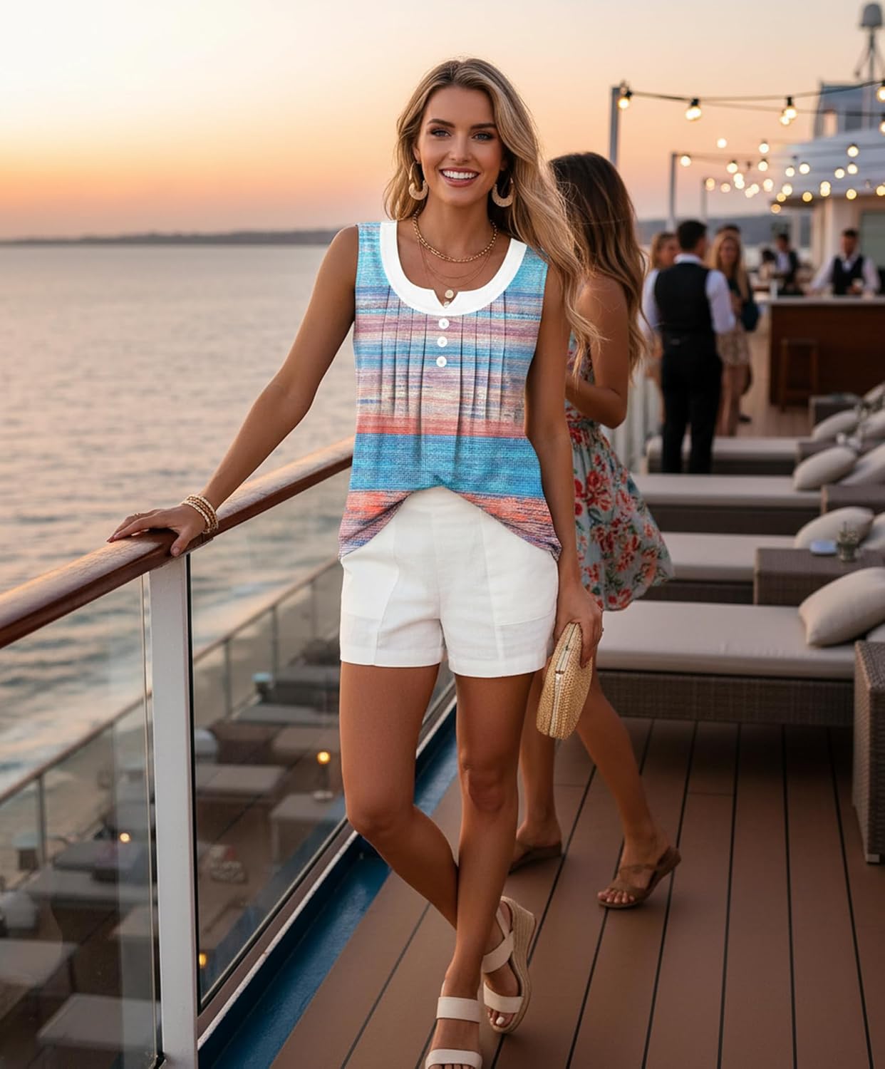 Summer Tops for Women 2026 Trendy Pleated Front Striped Tank Top Curved Hem Flowy Sleeveless Shirts - Image 2