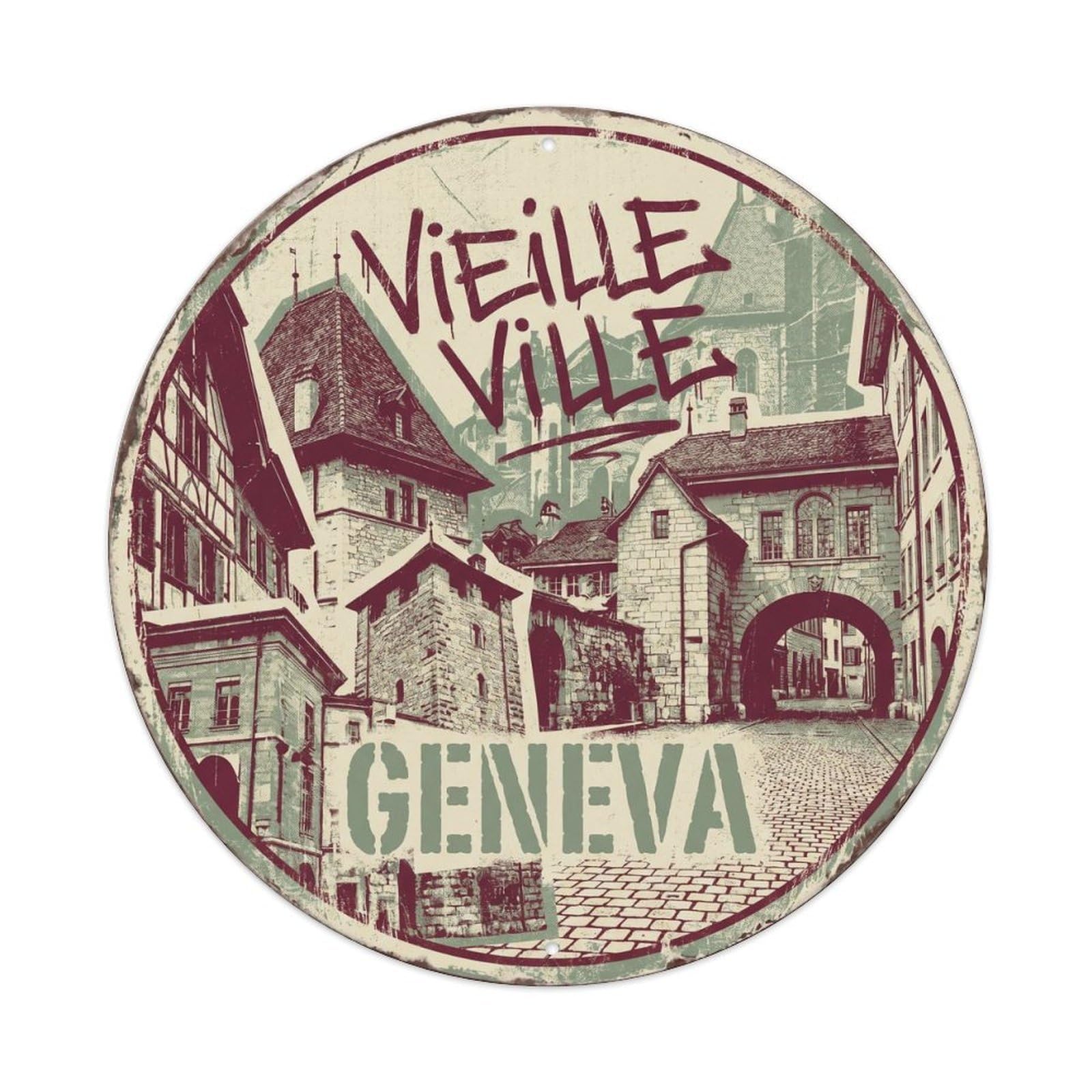 Cmhok Vintage Style-23 Vintage Travel Geneva Oldtown Artwork Metal Tin Sign Plaque Wall Decor For Cafe, Club, Garden Round Metal Poster 8X8inch