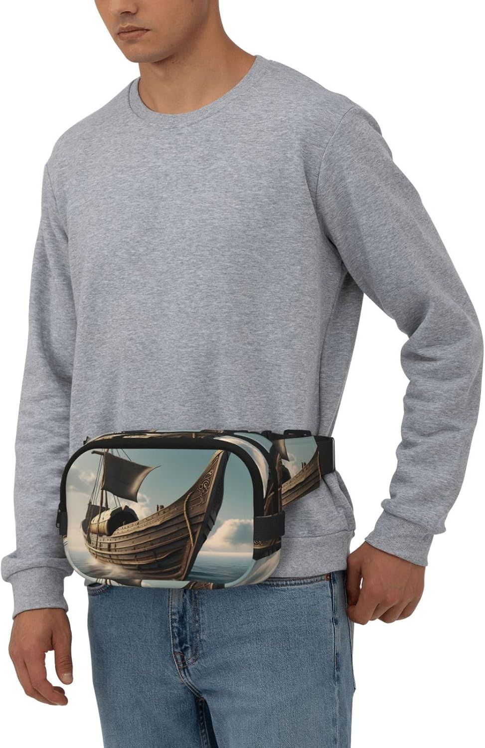 Old Viking Boat Print Fashion Waist Packs Square Layer Waist Bag Black Belt Bag with Adjustable Strap
