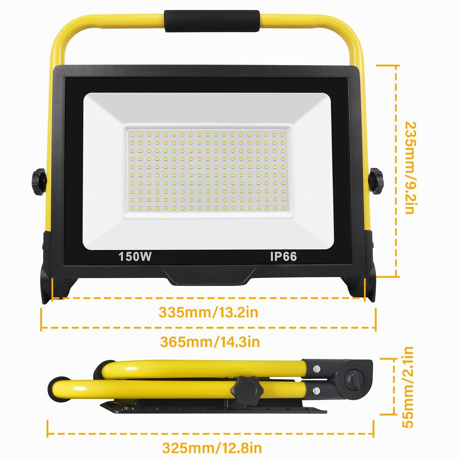 SKYWORLD 150W Projecteur de Chantier LED, 15000LM Lampe Chantier avec Prise | Pliable Portable Projecteur Led, Phare de Travail Led pour Travaux Atelier Garage Terrasse Jardin, Etanche IP66 6000K Blanc