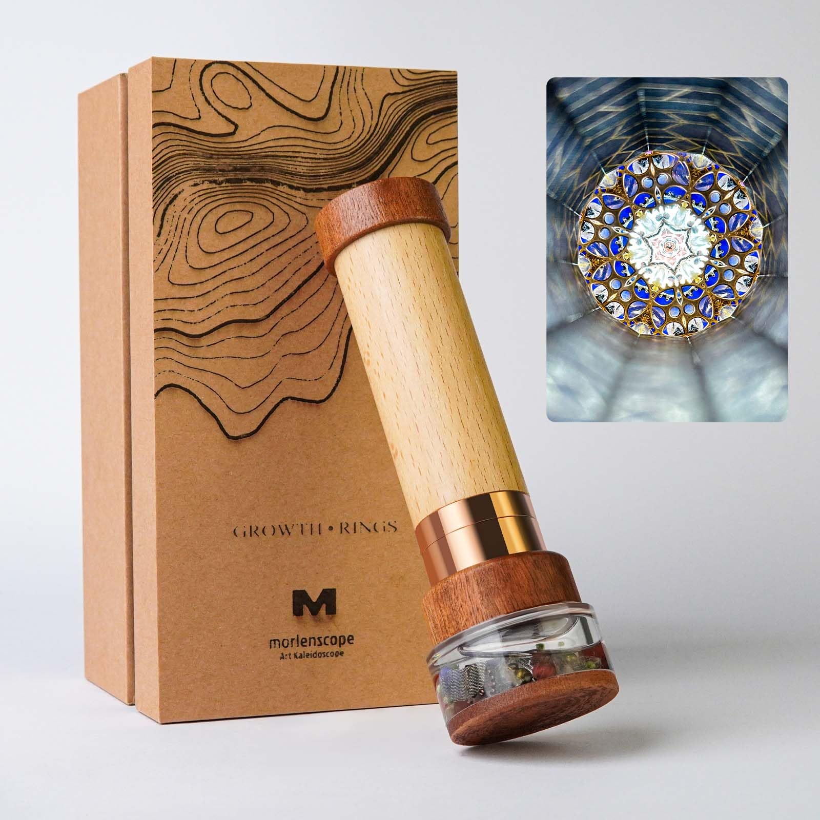Growth Rings Wooden Kaleidoscope Tunnel Visual,6.5" Handmade Brass Rotatable Oil-Filled Core Box Nature Artwork,Vintage Gift Box,Anniversary Birthday Christmas Thanks Giving New Year Present Gift