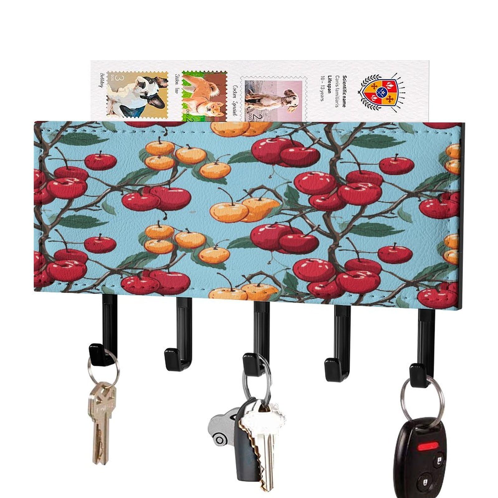 FekiLoot Cherry Pattern Key Holder Wall Mount Key and Mail Holder Key Hanger with 5 Hooks Decorative PU Key Rack Hanging Key Hooks for Wall Living Room Kitchen Bathroom Hallway Black-Style