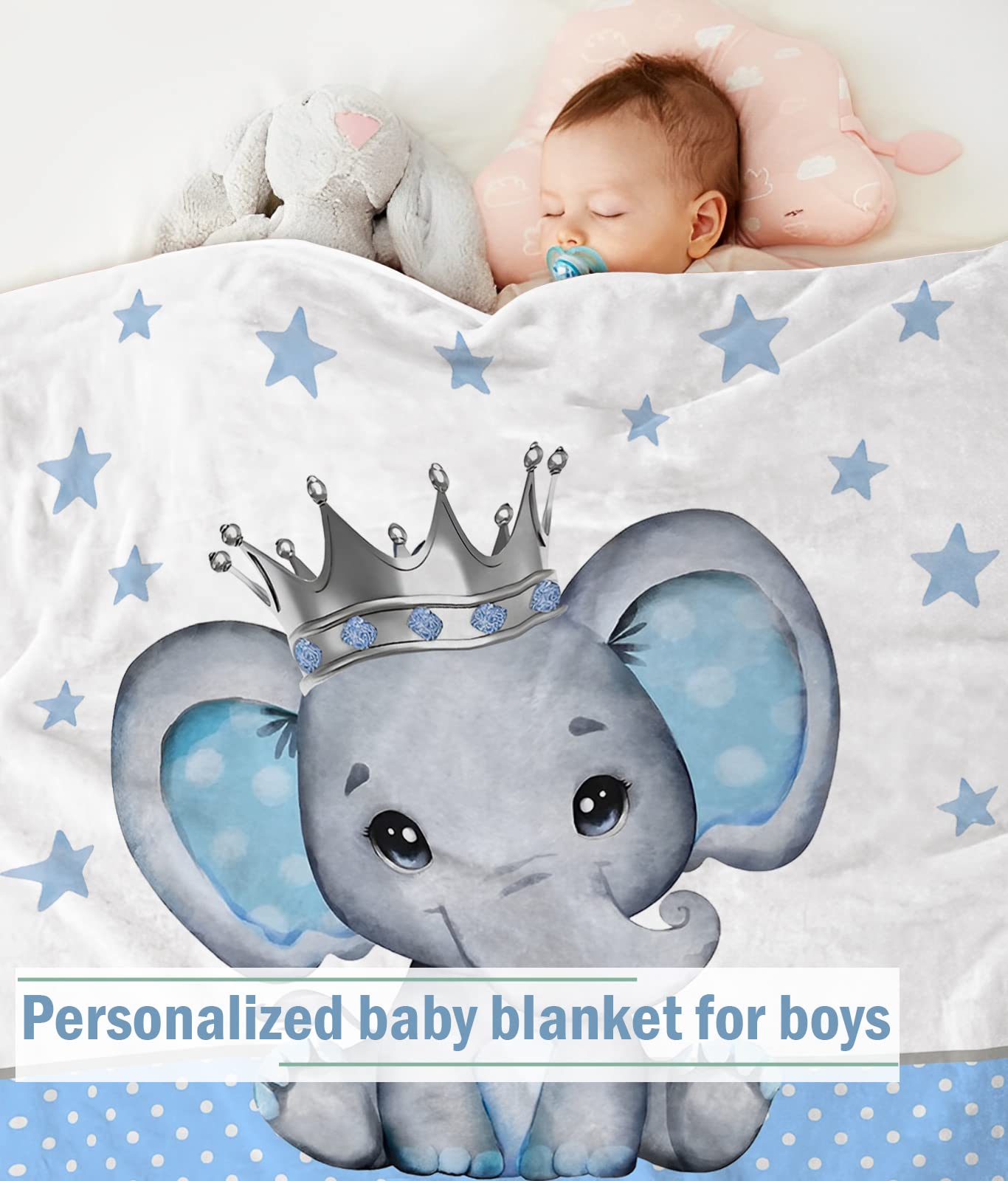 Personalized Baby Blanket for Boys, Custom Baby Blanket with Name Super Soft Personalized Name Blankets for Kids, Custom Elephant Blankets for Infant Toddler, Babys Gifts for Birthday