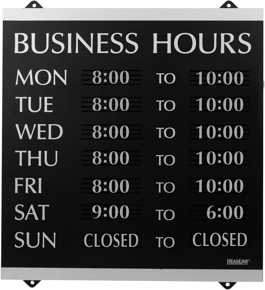 Headline Sign - Century Series, Business Hours Sign with 208-3/4" Characters, Suction Cups for Hanging, 14x13 Inch, Black and Silver (4247)