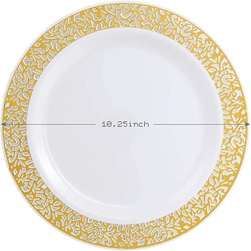 Miniatura 2 de Supernal 100 platos llanos de plástico blanco, platos de encaje dorado de 10.25 pulgadas para bodas y fiestas
