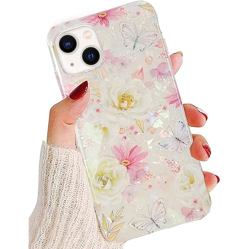 J.west Case Compatible with iPhone 15 Plus Case 6.7, Luxury Sparkle Glitter Soft Clear Colorful Opal Pearly Thinfoil Design Shiny Floral Print Silicone Cover for Women Girls Slim Protective Phone Case