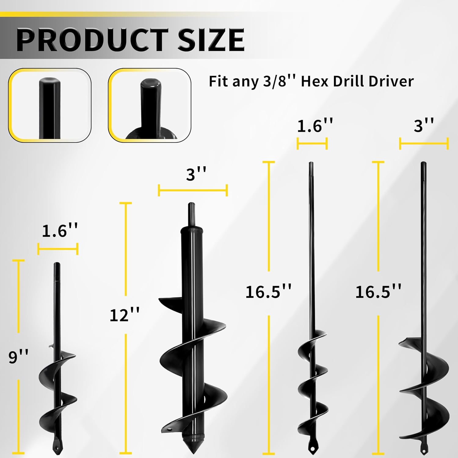 Auger Drill Bit for Planting 1.6"x9"+1.6"x16.5"+2.8"x16.5"+3"x12" Garden Spiral Drill Bit,Heavy-Duty Bulb Auger, Post Hole Digger for 3/8" Hex Driver Drill Solid Shaft