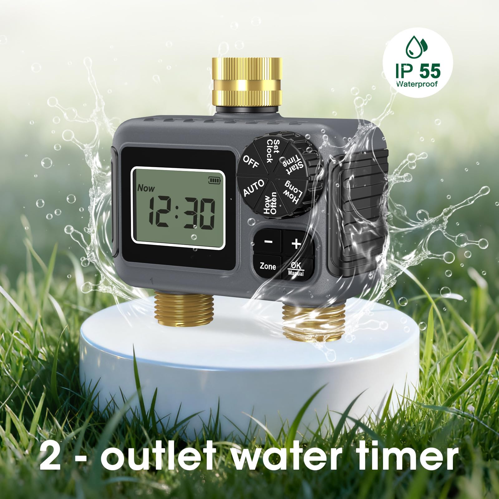 Válvulas de riego para exteriores, control de doble zona, BSP3/4 pulgadas, ajuste de latón, tasa IP55, resistente a la intemperie, monitor LCD, roscado, válvulas de agua de alta presión