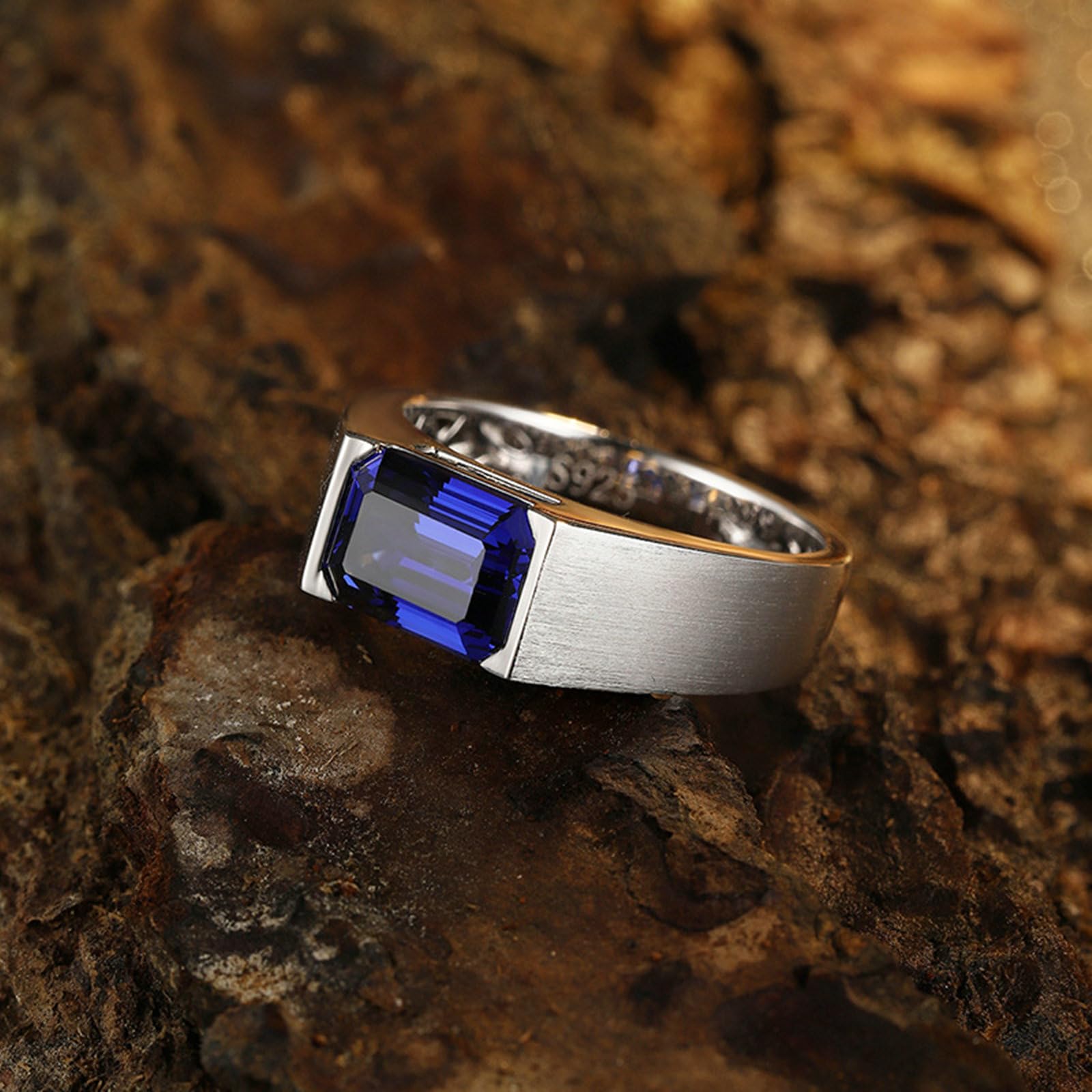Anelli Uomo Matrimonio, Anello Uomo Oro Bianco 14Kt Zaffiro Sintetico Rettangolare da 3.51ct Solitario Opaco Anelli Fidanzamento Oro Bianco per Promessa
