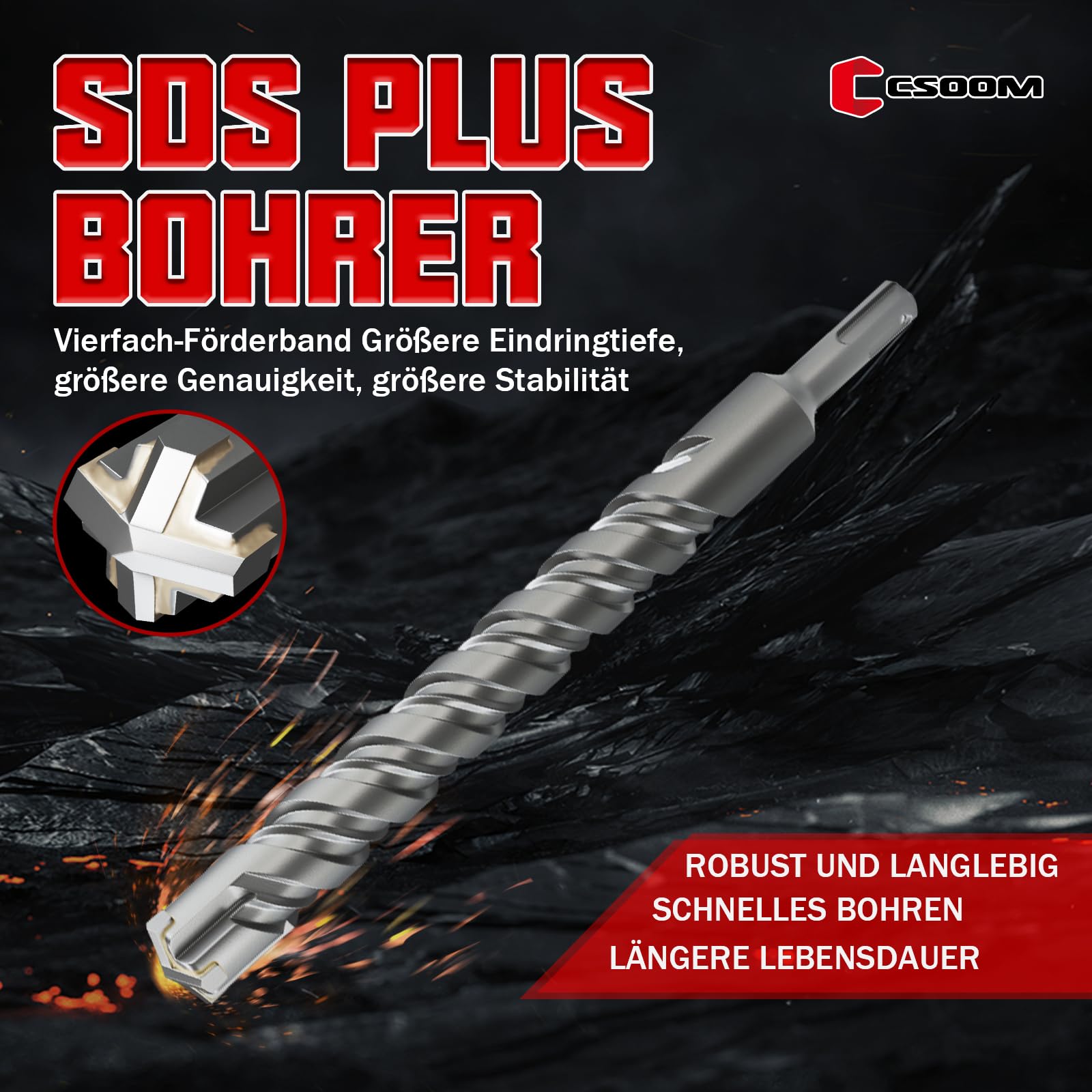 CSOOM Punta per trapano SDS Plus per calcestruzzo 22 x 310 mm, professionale, ideale per foratura su pietra, cemento, pietra naturale, muro di mattoni