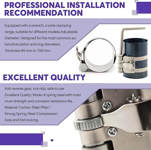 Miniatura 4 de Swpeet 4 unidades de compresor de anillo de pistón de 3 pulgadas y herramienta de instalación de pistón ajustable, alicates de extracción con llave