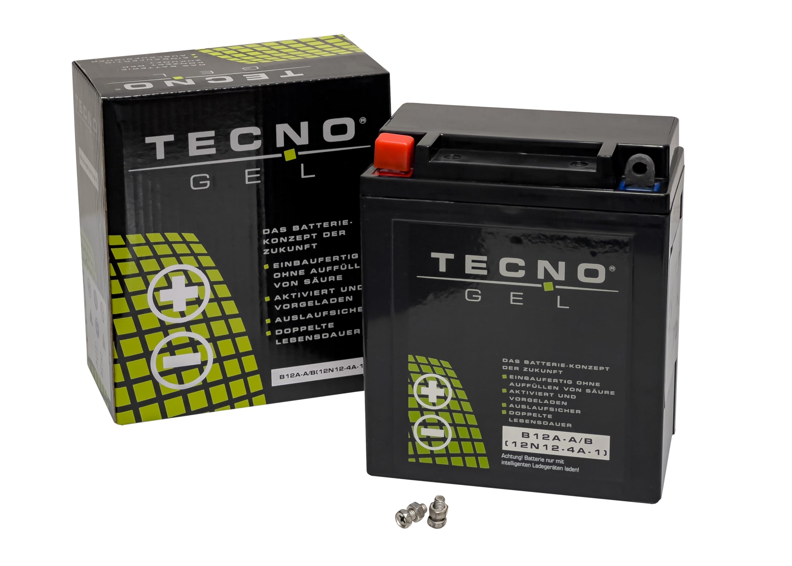 TECNO-GEL Qualitäts Motorrad-Batterie für YB12A-A/B = 12N12A-4A-1, 12V Gel-Batterie 12Ah (DIN 51211, 51215), 134x80x161 mm