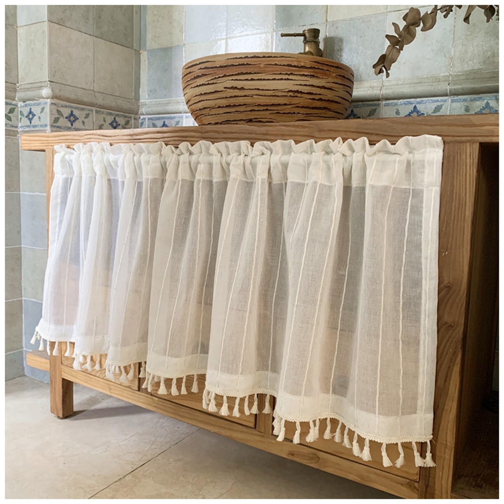 Cortina de Cocina de Lino Boho, Cortinas de Cenefa Semitransparente de Granja, Panel Corto Rústico para Ventanas Pequeñas, Bolsillo para Varilla(Size:H90xW100cm/35x39in)