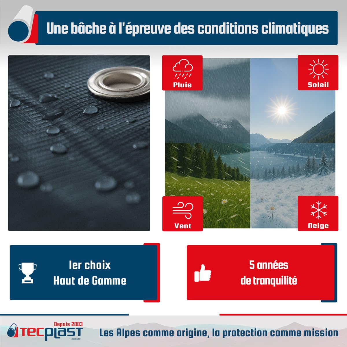 TECPLAST Bâche PVC 2x3 m Gris Anthracite - Garantie 5 Ans - LP506MU - Bâche de Protection étanche - Résistance Anti-UV