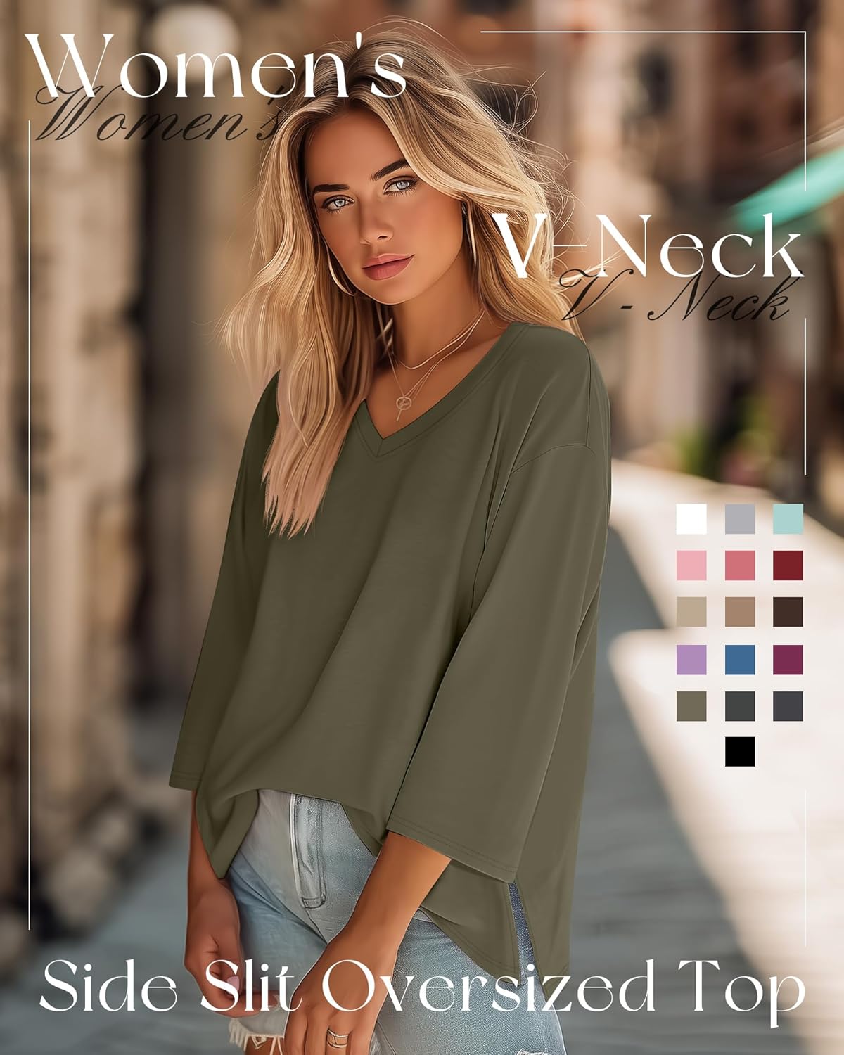 3 Pack Women's 3/4 Sleeve Oversized T-Shirts V Neck Comfy Casual Tunic Tops Knit Side Basic Split Loose Fit Tees - Image 2