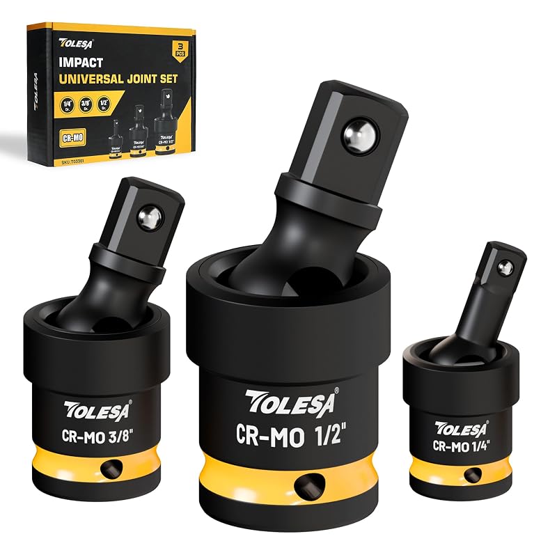 Jogo de Soquetes Articulados para Impacto TOLESA T03301 em Aço CR-MO, Encaixes de 12,7 mm, 9,5 mm e 6,35 mm, 3 Peças