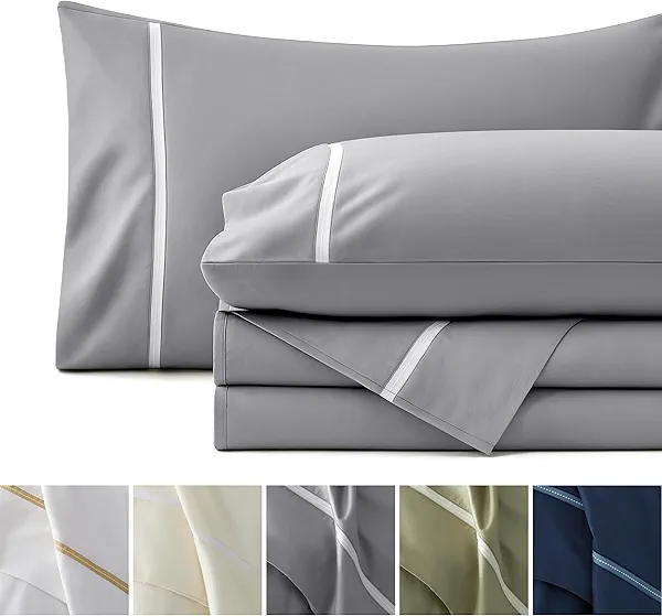 Bedsure 100% Cotton Sheets King Size Set - 500 Thread Count Cotton Sateen Bedsheets, Luxury Hotel Quality, Soft & Breathable Bedsheets, 16" Deep Pocket, 4-Piece, Include King Flat Sheet Gray