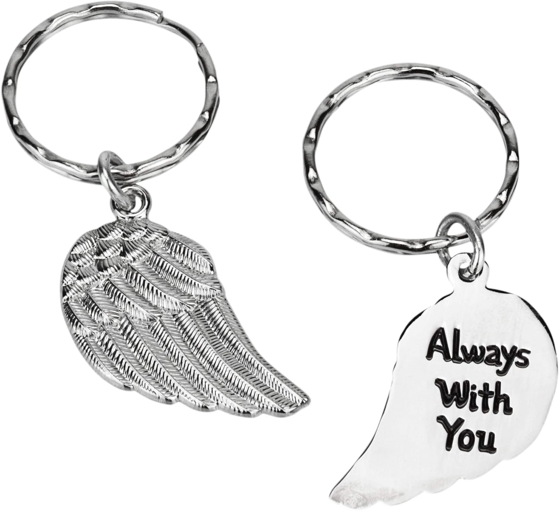Angel Wing metal Keyring – Always With You message. Metal keyring, double sided keyring with a detailed feathered effect angel wing and 'Always with you' inscribed on the reverse side.