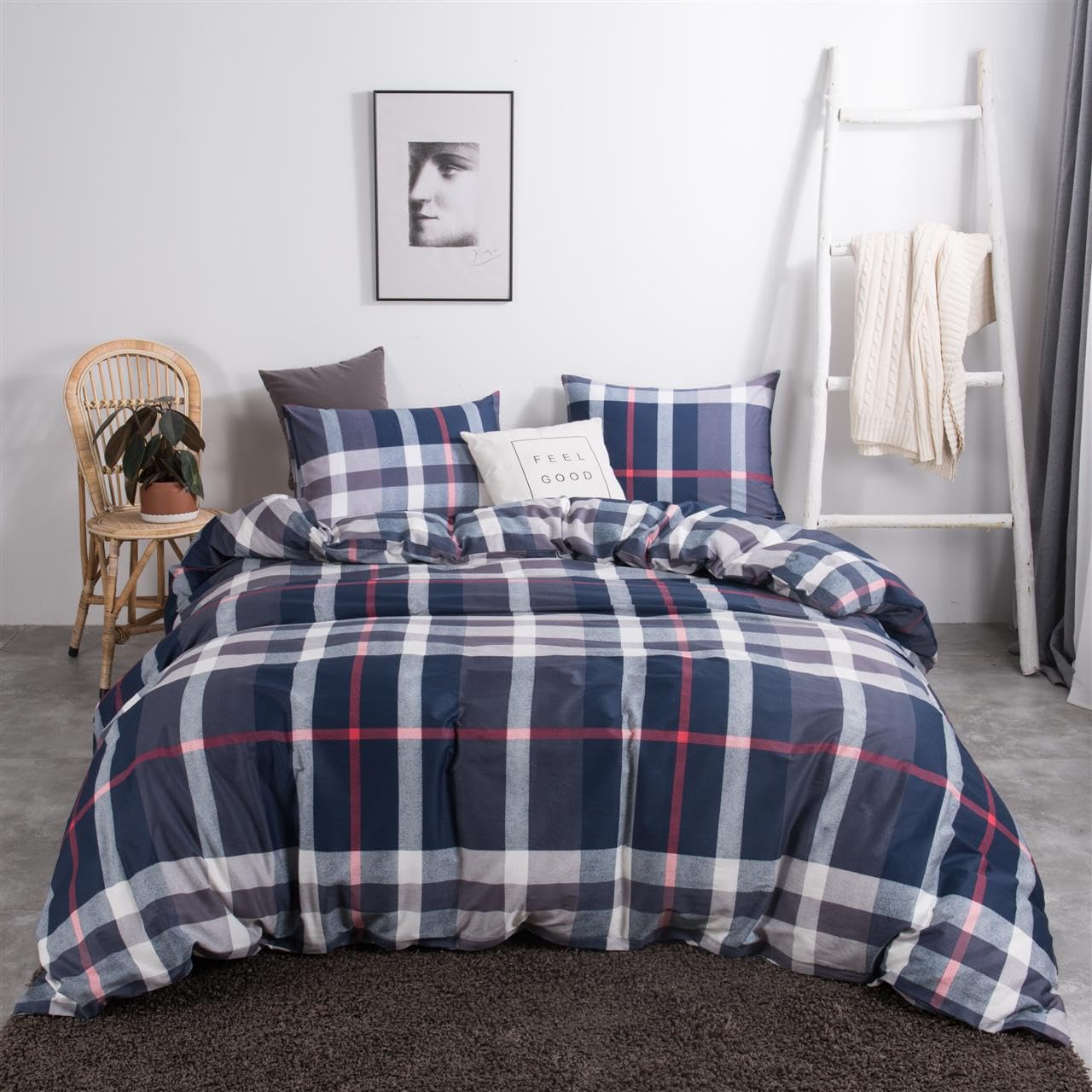 CLOTHKNOW Navy Blue Plaid Twin Duvet Cover Sets 3Pcs Geometric Bedding Sets Kids Boys Grils Duvet Cover Sets with Zipper Closure with 2 Pillowcases